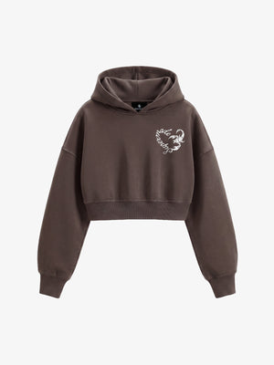 Faux Fur Hooded Sweatshirt with Embroidered Scorpion Graphic