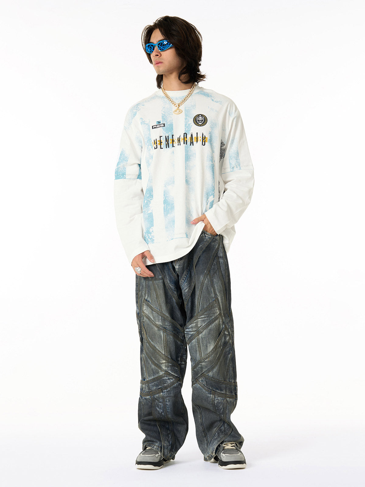 Vintage Washed Distressed Multi-Structure Patchwork Jeans 