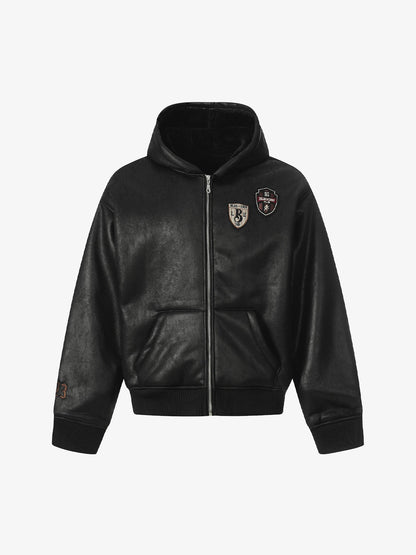 Vintage Leather Badge Fleece-lined Hooded Zip Bomber Jacket - 2547 