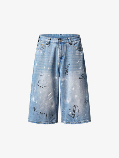 Light Wash Distressed Denim Shorts – Graffiti Print Wide-Leg Streetwear