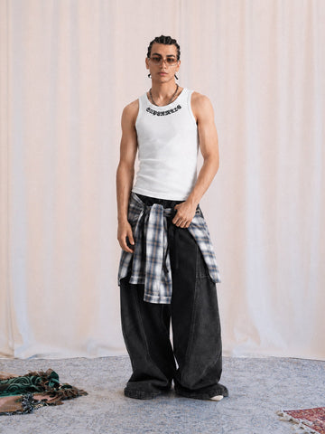 Denim Faux Two-piece Plaid Detachable Scimitar Jeans - 2435