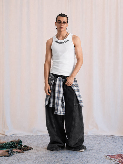 Denim Faux Two-piece Plaid Detachable Scimitar Jeans - 2435