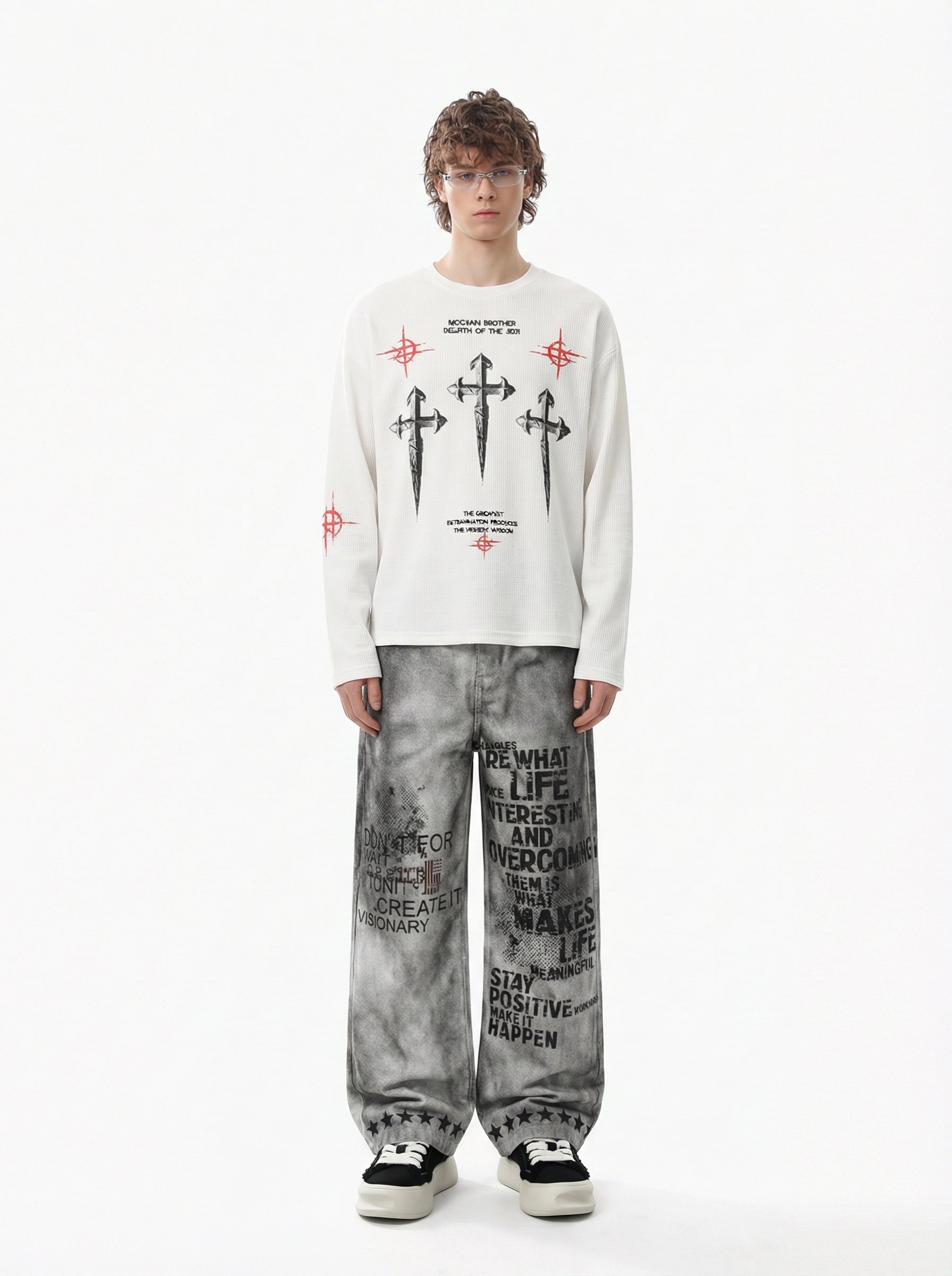 Letter Print Waffle Cross Long-Sleeved T-Shirt 