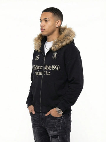 Letter Medal Embroidered Cardigan Fur Collar Zip Up Hoodie- 2502 