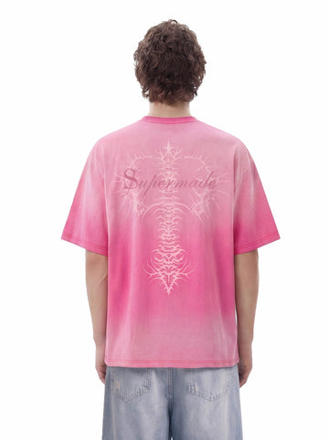 Acid Wash Gothic Cross Spine Graphic Distressed T-Shirt - 2604 