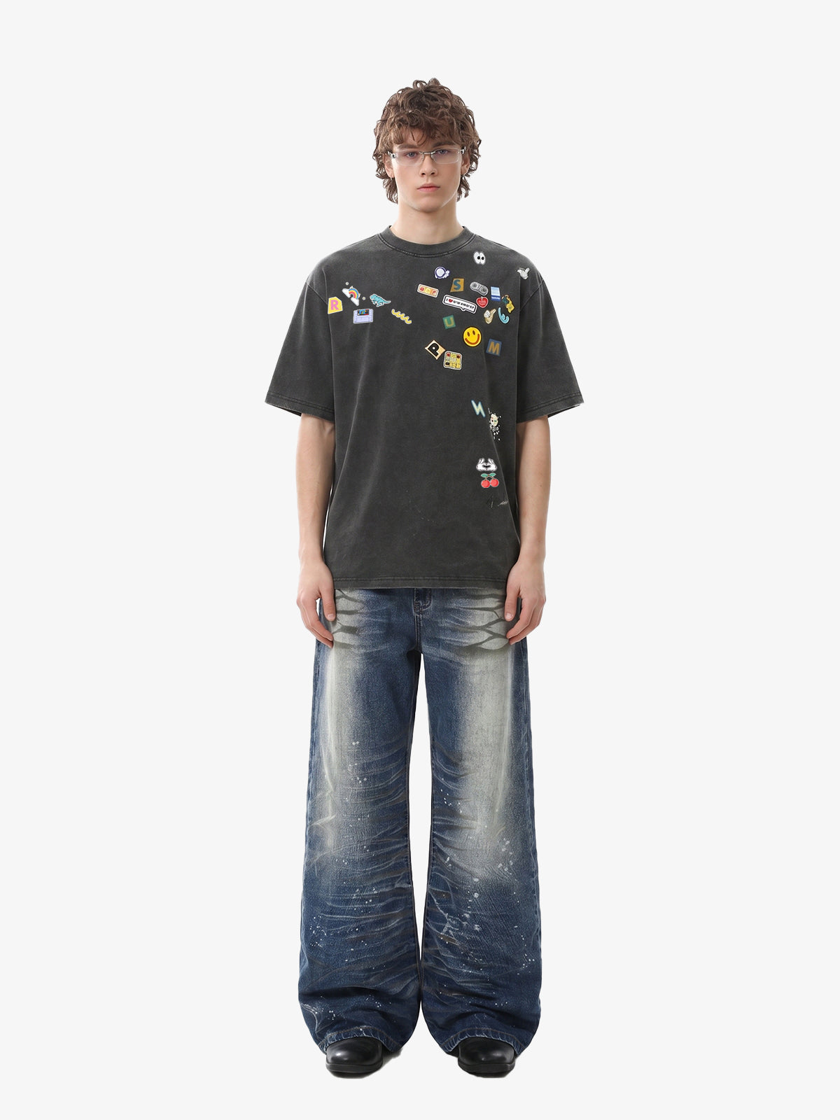 Distressed Washed Paint Splatter Wide Leg Jeans 