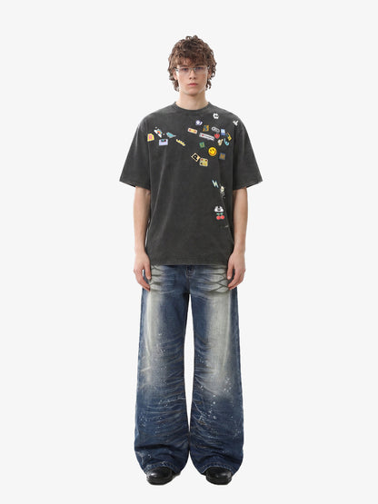 Distressed Washed Paint Splatter Wide Leg Jeans 