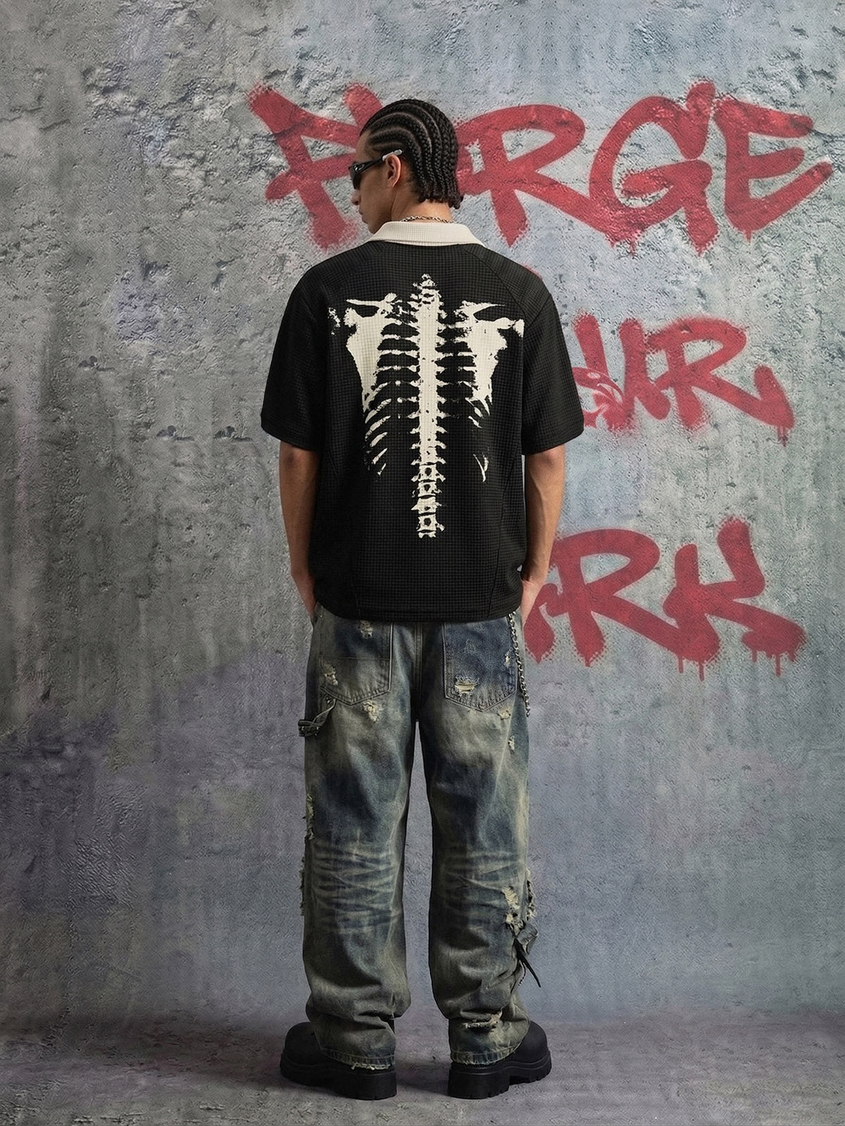 Skeleton Ribcage Graphic Print Asymmetric Button Polo Shirt 