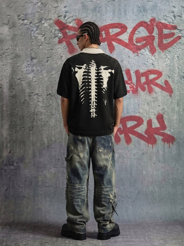 Skeleton Ribcage Graphic Print Asymmetric Button Polo Shirt 