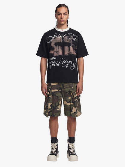 Gothic Cross Print Studded Collar Waffle Knit Graphic T-Shirt 