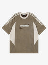 Suede Contrast Color Spliced Letter Embroidery Oversize T-shirt - 2462 