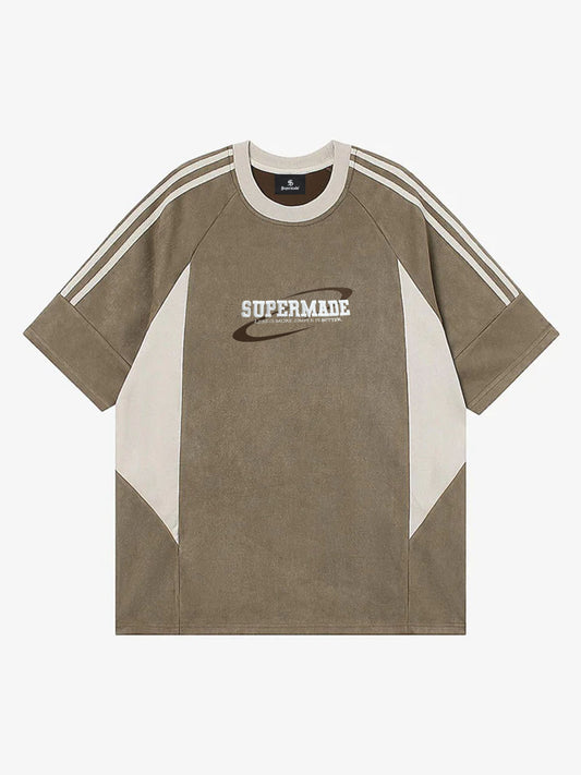 Suede Contrast Color Spliced Letter Embroidery Oversize T-shirt - 2462 