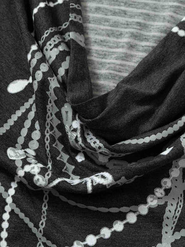 Necklace Pattern Striped Cowl Neck Long Sleeve Tee