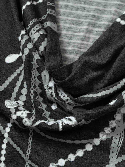 Necklace Pattern Striped Cowl Neck Long Sleeve Tee