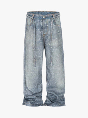 Denim Distressed Belt Diamond Decorated Jeans 