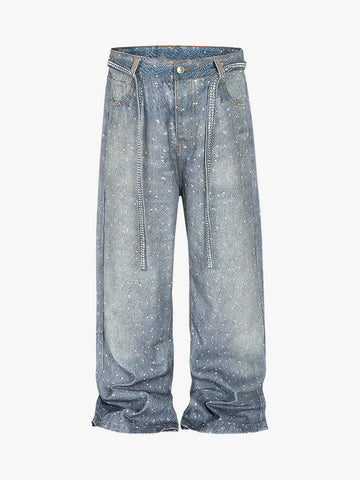 Denim Distressed Belt Diamond Decorated Jeans 