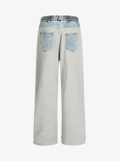 Vintage Wash Denim Waistband Patchwork Sweatpants 