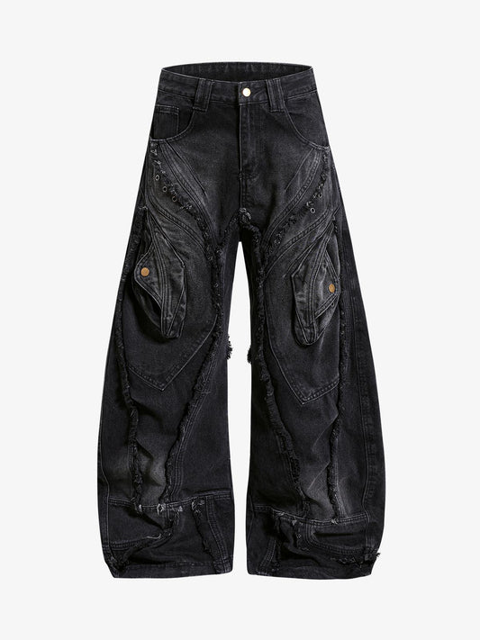 Black Washed Baggy Cargo Pants with Multi