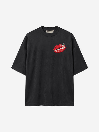 Red Lip Embroidered Suede Tee