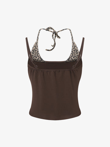 Leopard Print Halter Crop Top – Stretch Cotton with Gold Stud Detail