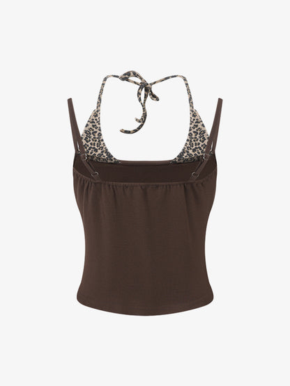 Leopard Print Halter Crop Top – Stretch Cotton with Gold Stud Detail