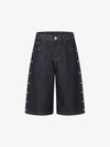 Dark Wash Denim Bermuda Shorts with Side Stripe Rhinestone Detail