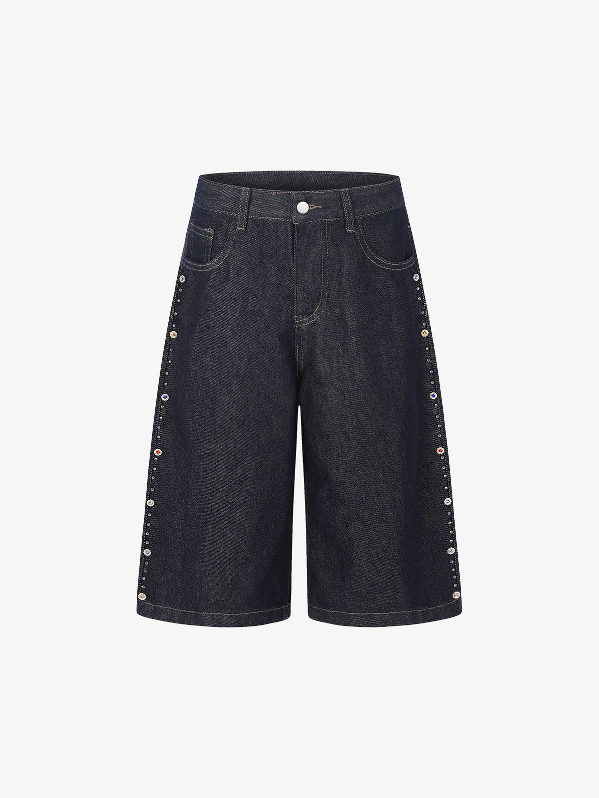 Dark Wash Denim Bermuda Shorts with Side Stripe Rhinestone Detail – Relaxed Fit Cotton Shorts