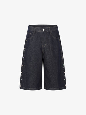 Dark Wash Denim Bermuda Shorts with Side Stripe Rhinestone Detail – Relaxed Fit Cotton Shorts