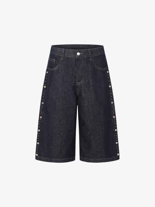 Dark Wash Denim Bermuda Shorts with Side Stripe Rhinestone Detail