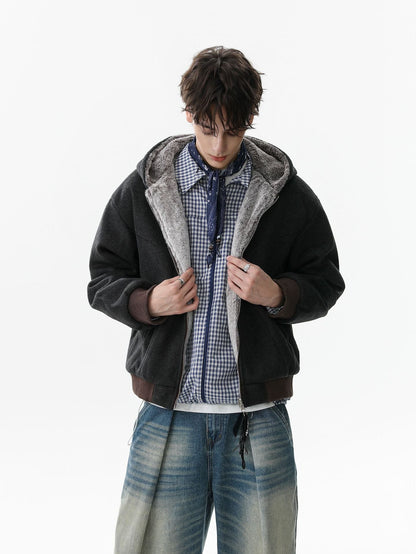 Retro Reversible Fleece Lined Zip-up Hooded Jacket 