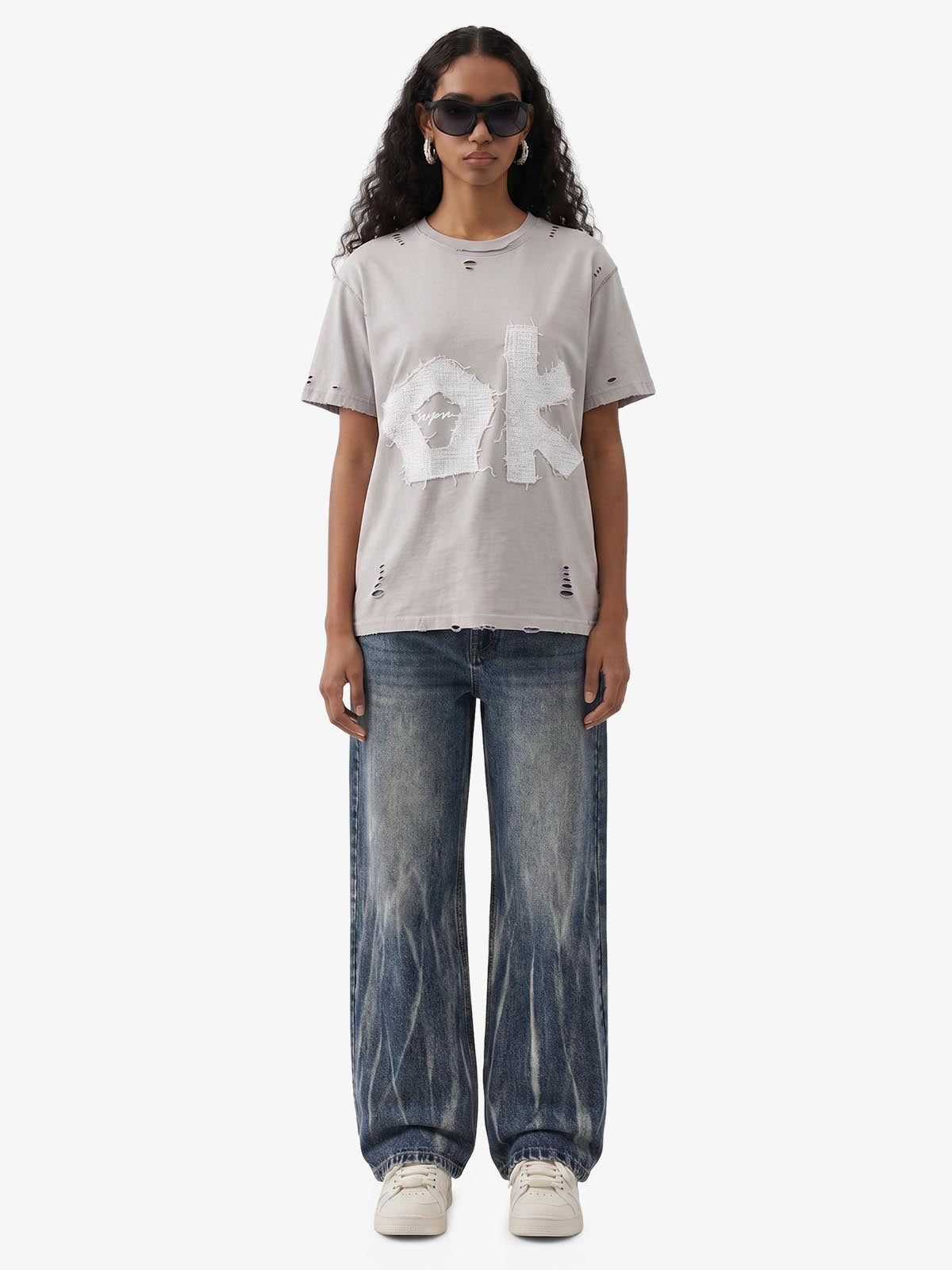 "OK" Patch Color-Block Ripped Reversible T-Shirt