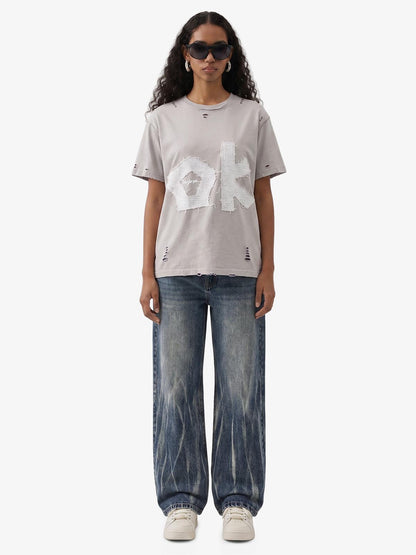 "OK" Patch Color-Block Ripped Reversible T-Shirt