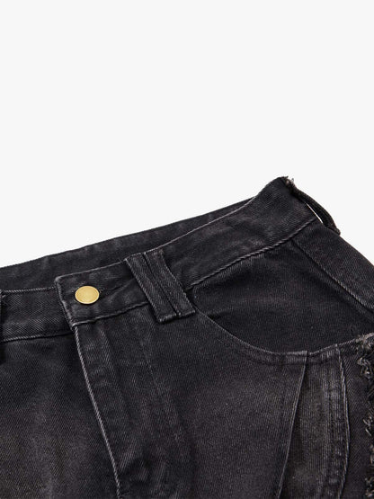 Distressed Black Denim Crop Jacket – Oversized Ripped Cotton Streetwear