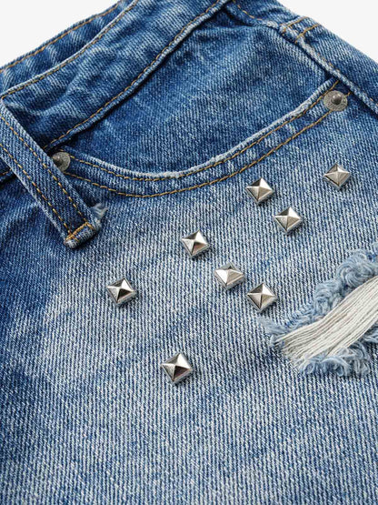 Thesupermade Distressed Metallic Studded Low Rise Mini Shorts