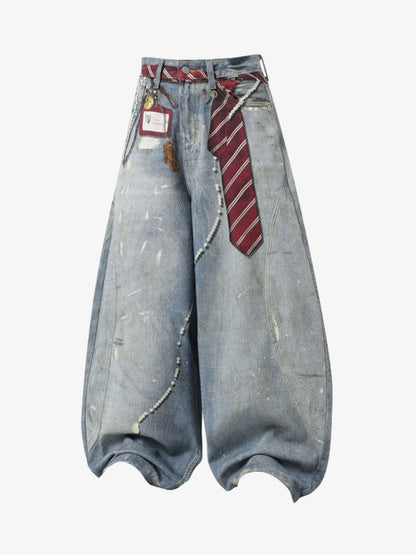 Tie Graphic Print Vintage Wash Wide Leg Denim Jeans 