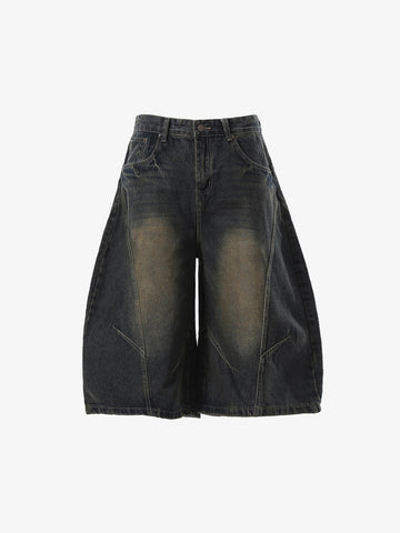 Curved Silhouette 3D Paneled Denim Shorts 