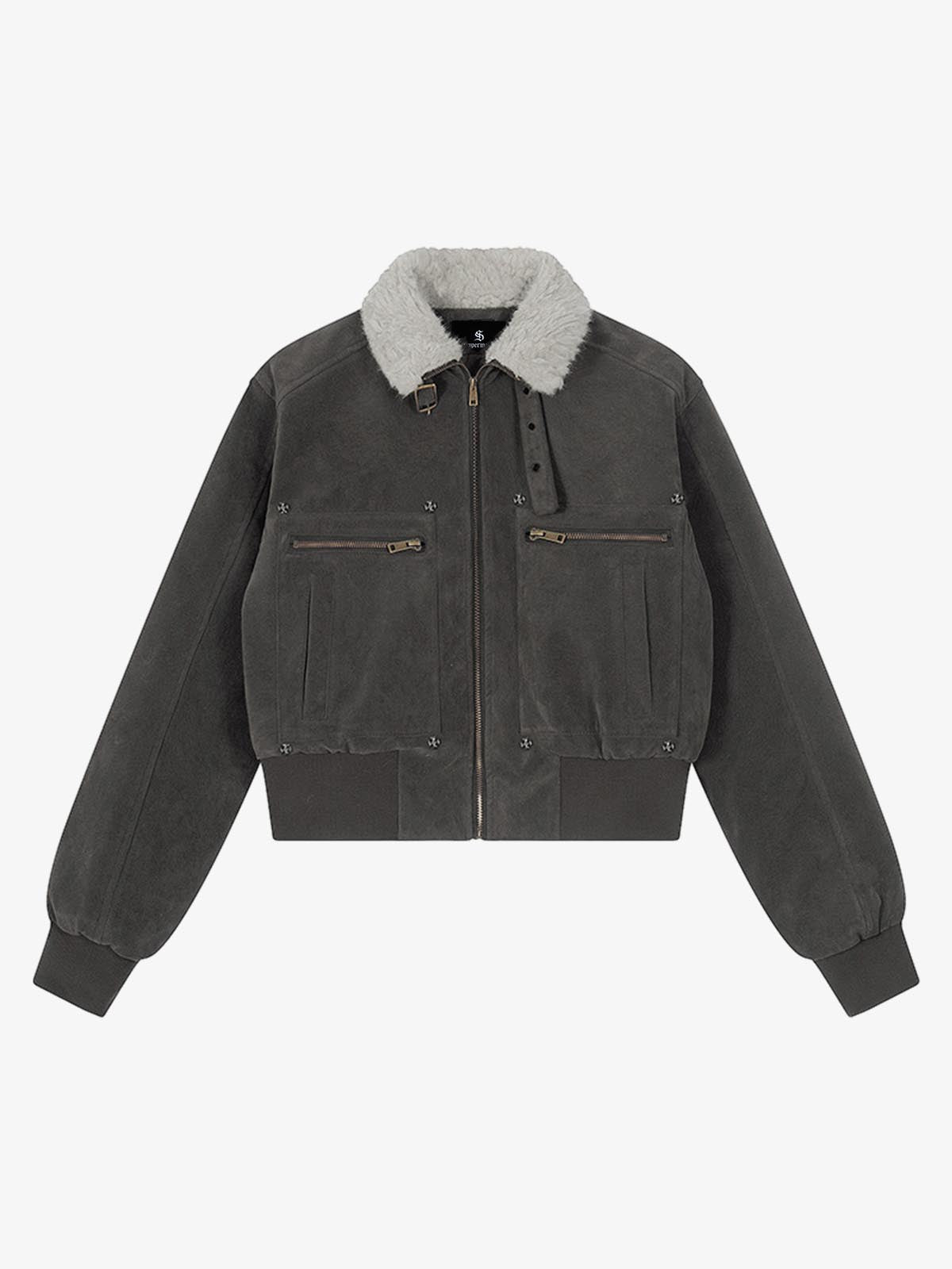 Utility Faux Shearling Collar Suede Look Zip Up Jacket 
