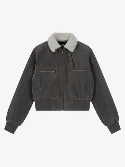 Utility Faux Shearling Collar Suede Look Zip Up Jacket 