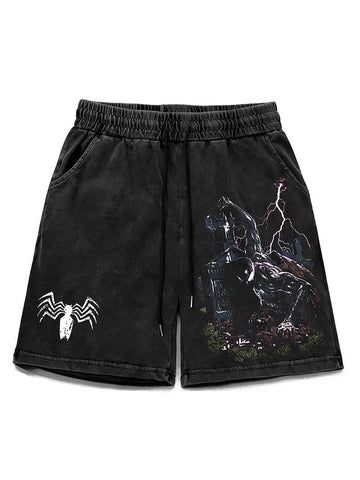Washed Distressed Spider Print Shorts