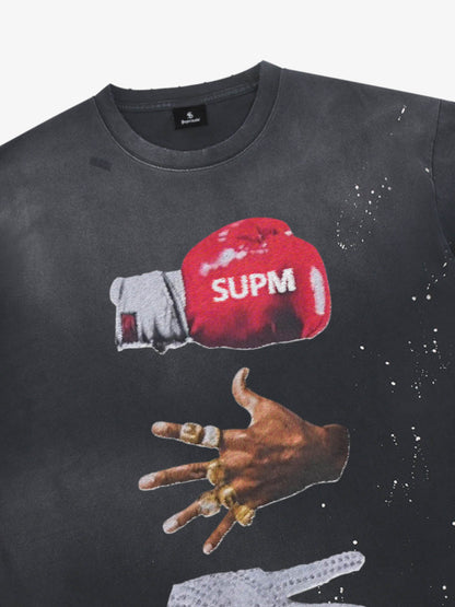 Black Distressed Graphic Tee with Boxing Glove Print – Oversized Streetwear T-Shirt