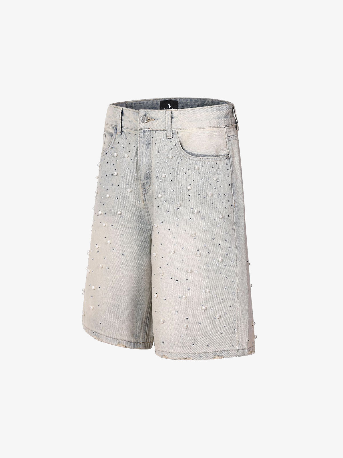 Pearl Embellished Light Wash Denim Shorts