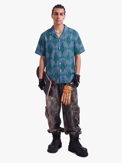 Teal Palm Leaves Hawaiian ShirtVacation Design