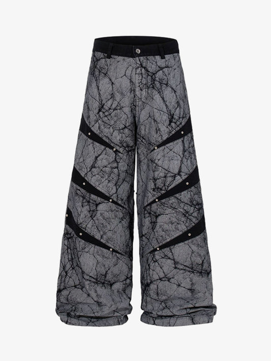 Crackle Print Panel Studded Pleated Denim Jeans 