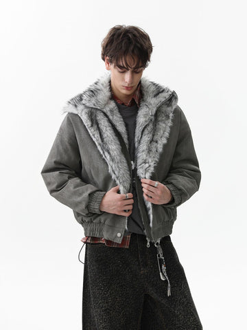 Vintage Dual-layer Collar Fleece-lined Zipper Jacket 