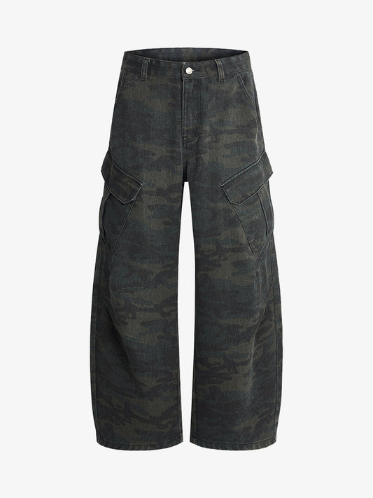 Retro Camo Multi-Pocket Cargo Barrel Pants 