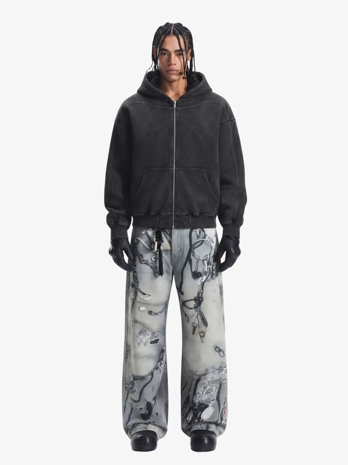 Vintage Washed Panel Construction Zip-Up Hoodie 