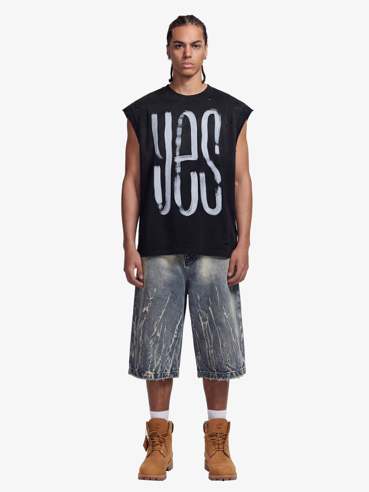 Vintage Distressed Hole Washed Letter Print Sleeveless Knit T-Shirt 