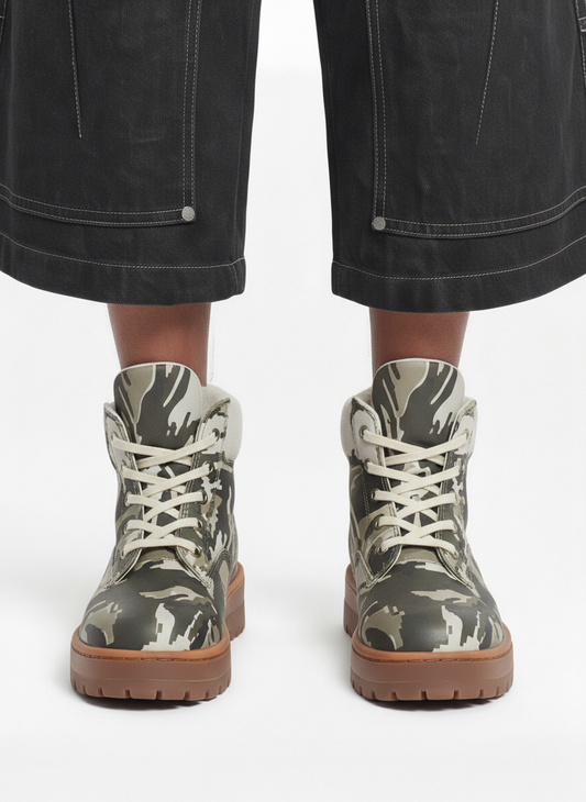 Camo Print Lace Up Chunky Ankle Boots - 2597 