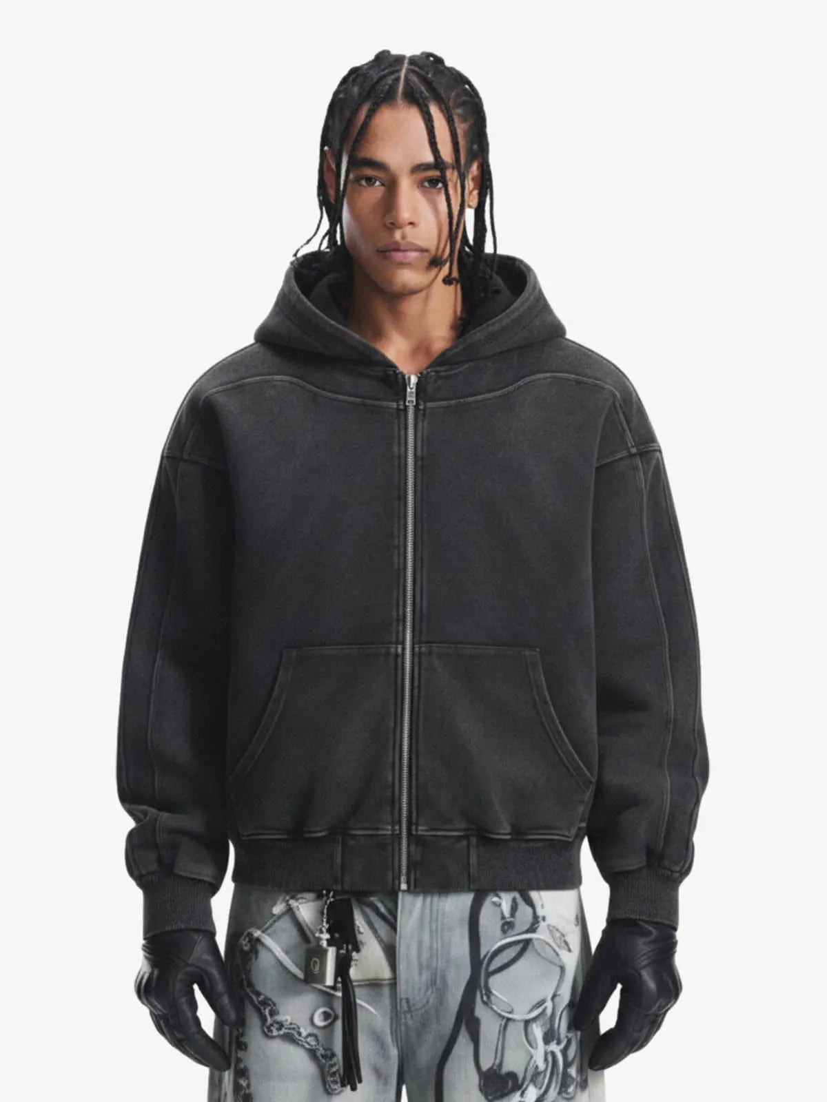 Vintage Washed Panel Construction Zip-Up Hoodie 