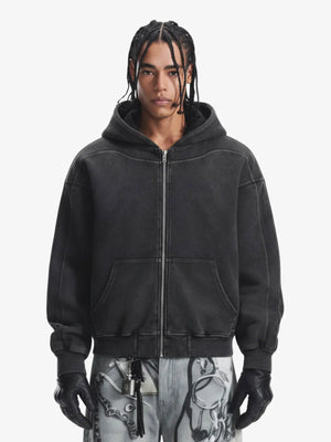 Vintage Washed Panel Construction Zip-Up Hoodie 